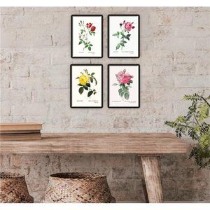 Roses Floral Flowers Botanical Wall Art Home Decor Red Pink Yellow 4 Prints